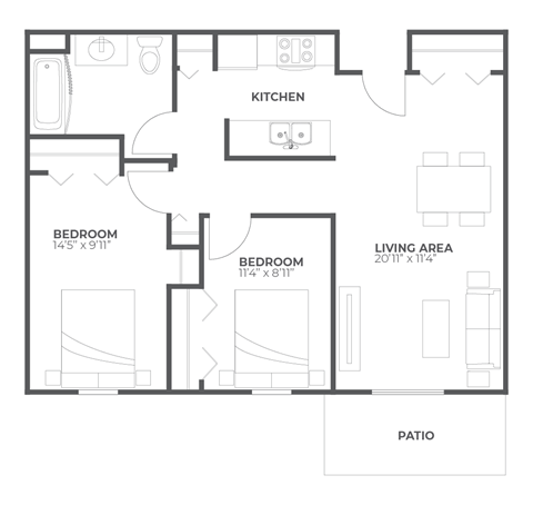 Floor plan for 2 beds, 1 bath, 806 sqft